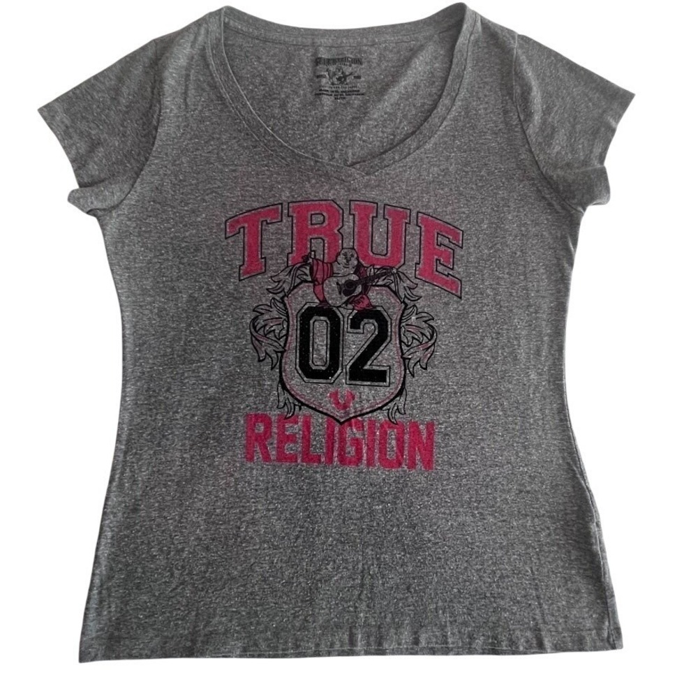 True Religion V-Neck Graphic Tee Gray Pink Logo Short Sleeve Women's XL Y2K